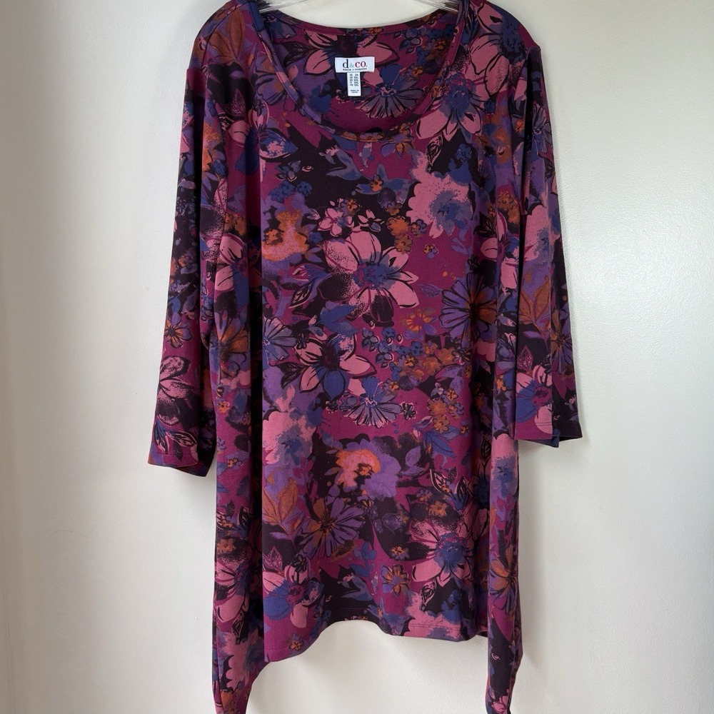 D & Co Tunic Top 2X Pink Multicolor Floral Scoop Neck Festive